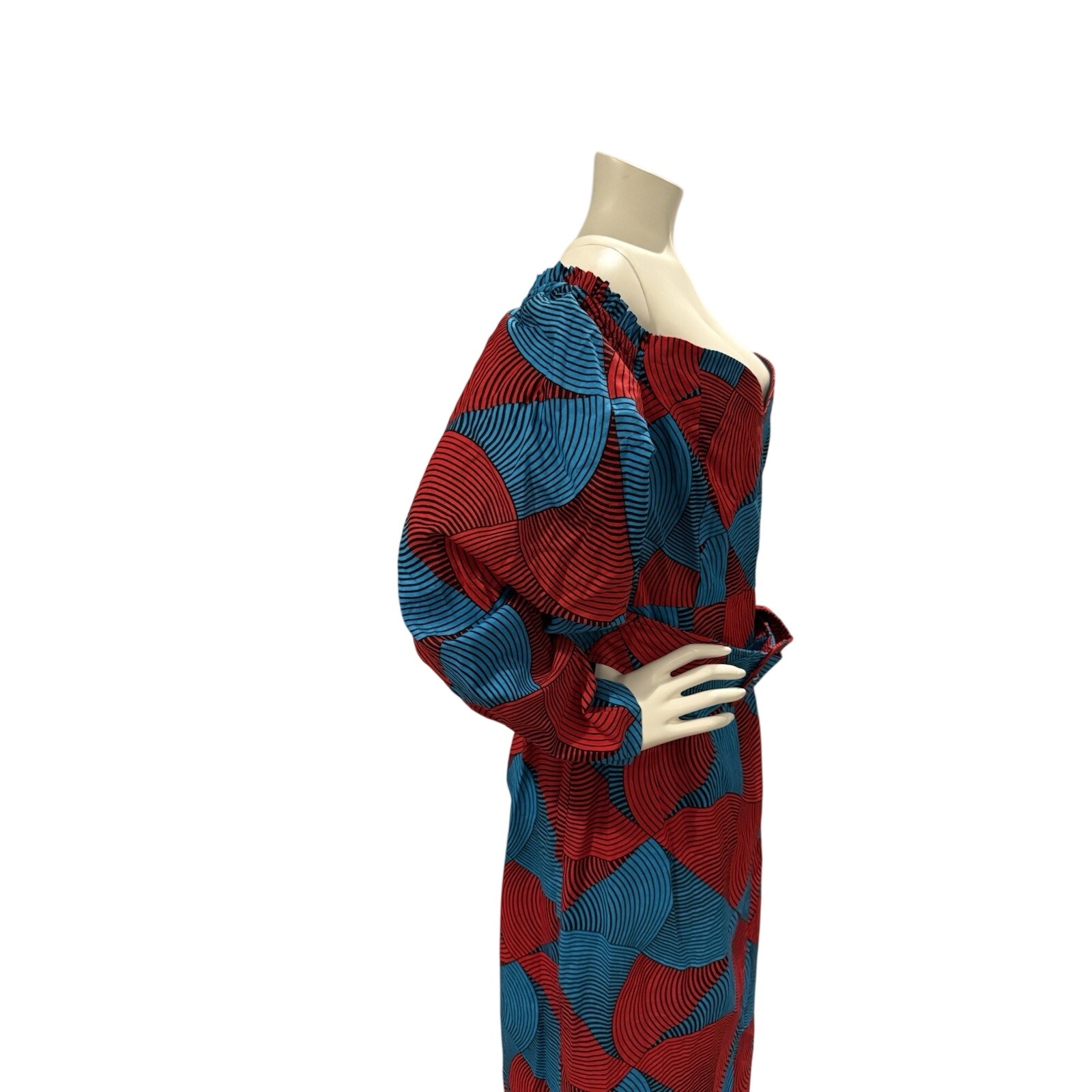 Nwt Ofuure Sz Large Bold Dress 100% Cotton Geometric Print Blue Red Belted — image 4 of 8